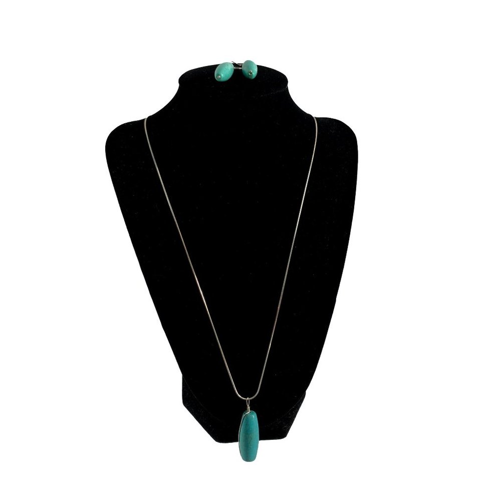 Sterling Silver 925 Italy Chain Turquoise Pendant Hook Dangle Earrings Set 21"